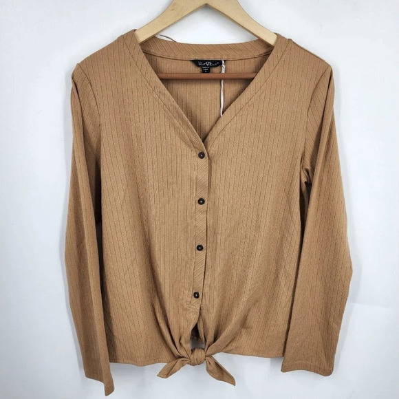 Velvet Heart Cori V-Neck Button Tie Front Ribbed Top In Camel Womens Size S NWT - Picture 1 of 11